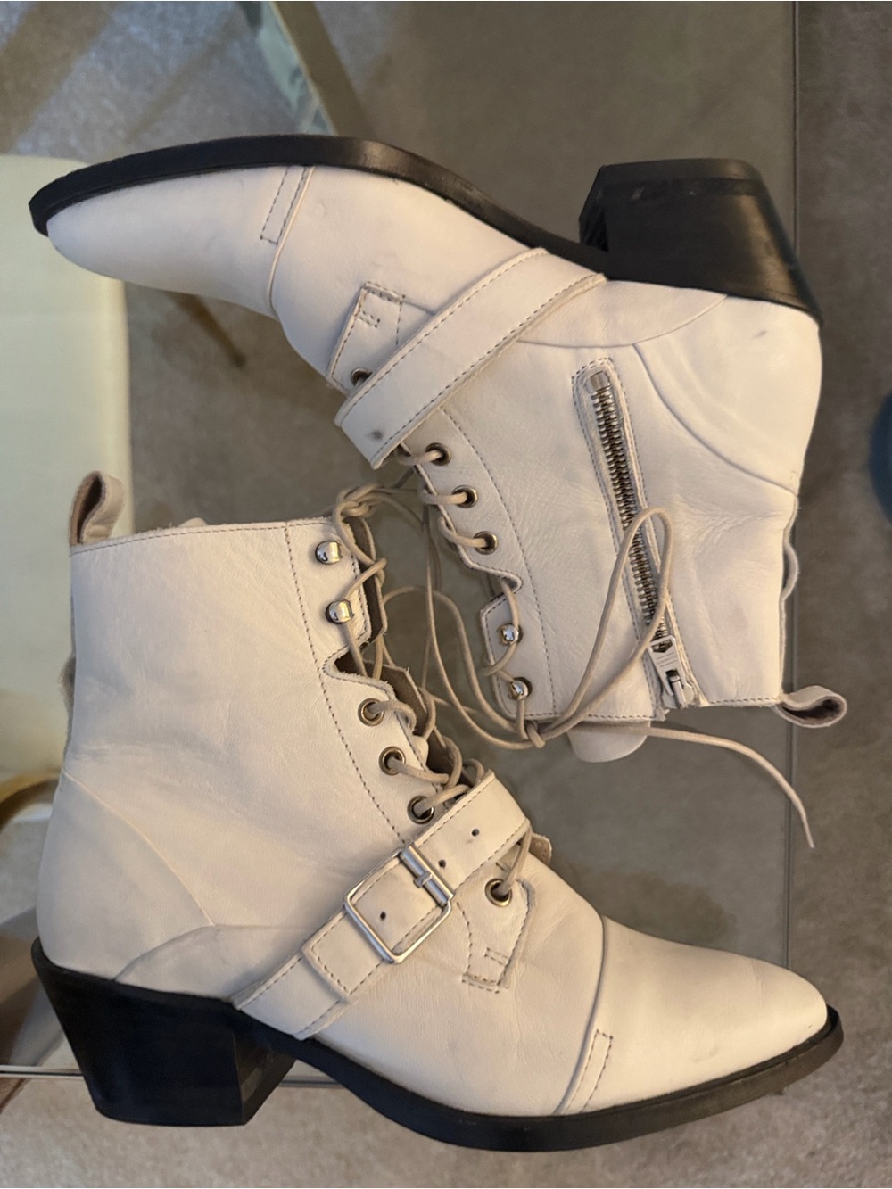 All Saints Katy Ankle Boots in Cream with Buckle Detail